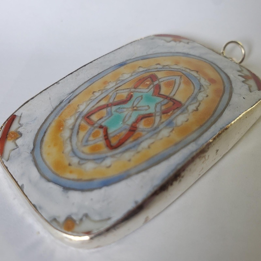 Mexican Tile Pottery Shard Pendant Large Vintage Hand Painted Talavera Focal - Picture 2 of 12